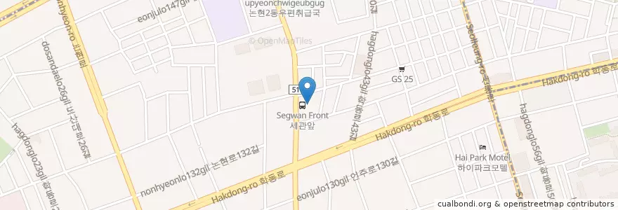 Mapa de ubicacion de 우리은행 en 大韓民国, ソウル, 江南区, 論峴洞, 論峴2洞.