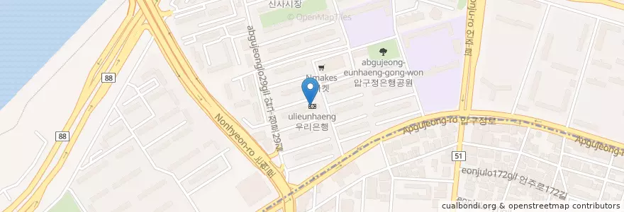 Mapa de ubicacion de 우리은행 en South Korea, Seoul, Gangnam-Gu, Apgujeong-Dong.