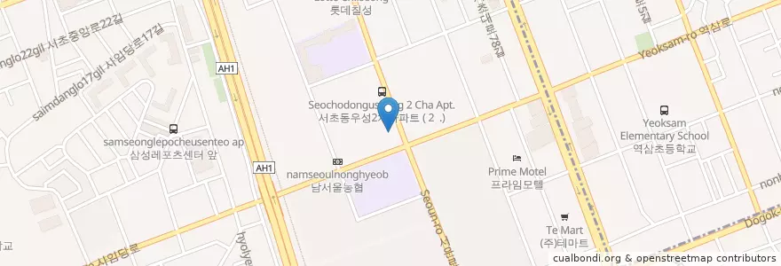 Mapa de ubicacion de 서울무지개우편취급국 en 대한민국, 서울, 서초구, 서초동, 서초2동.