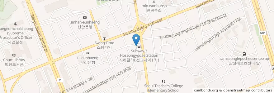 Mapa de ubicacion de 서울저축은행 en Corée Du Sud, Séoul, 서초구, 서초3동, 서초동.