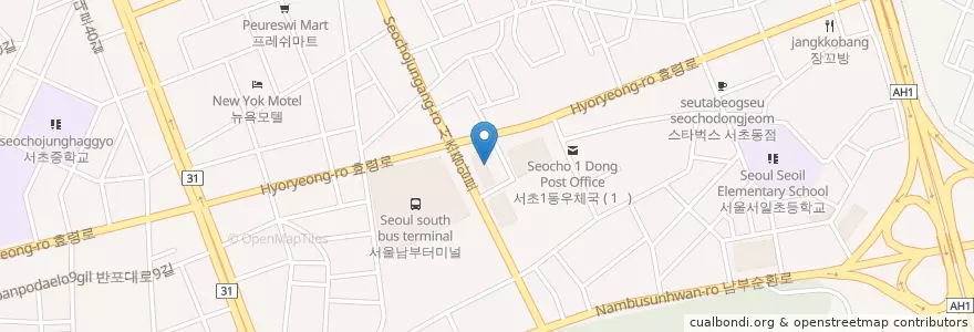 Mapa de ubicacion de 우리은행 en Güney Kore, Seul, 서초구, 서초1동, 서초동.