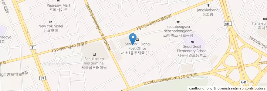 Mapa de ubicacion de NH농협은행 en Республика Корея, Сеул, 서초구, 서초1동, 서초동.
