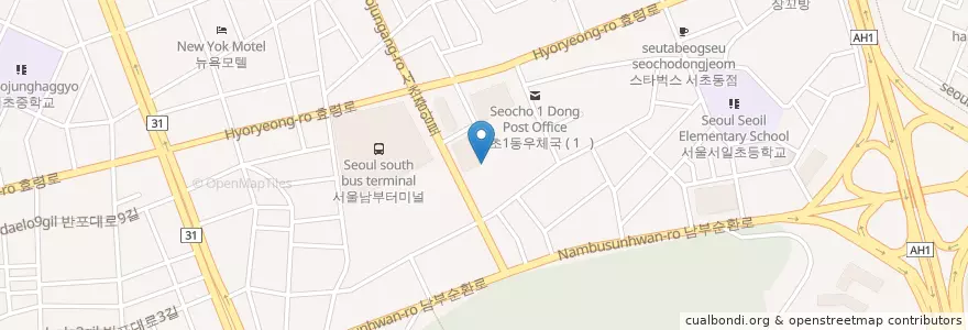 Mapa de ubicacion de 한국시티은행 en Zuid-Korea, Seoel, 서초구, 서초1동, 서초동.