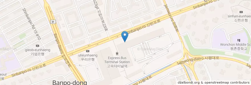 Mapa de ubicacion de 新韓銀行 en 大韓民国, ソウル, 瑞草区, 반포동.