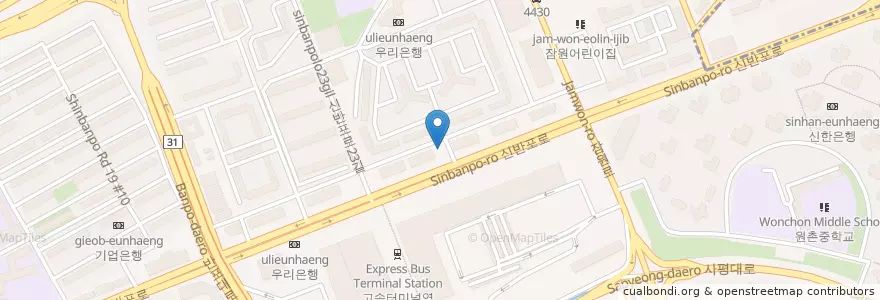 Mapa de ubicacion de 서울신반포우편취급국 en Korea Selatan, 서울, 서초구.