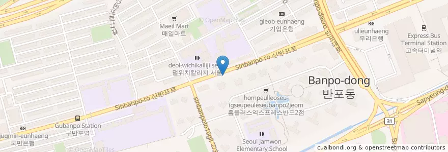 Mapa de ubicacion de 신반포역 en Südkorea, Seoul, 서초구, 반포동, 반포2동.