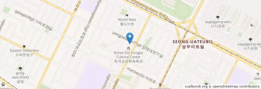Mapa de ubicacion de 방이1동주민센터 en 大韓民国, ソウル, 松坡区, 방이1동.