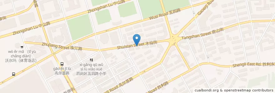 Mapa de ubicacion de 水仙拉面 en China, Liaoning, 大连市, 西岗区, 人民广场街道.