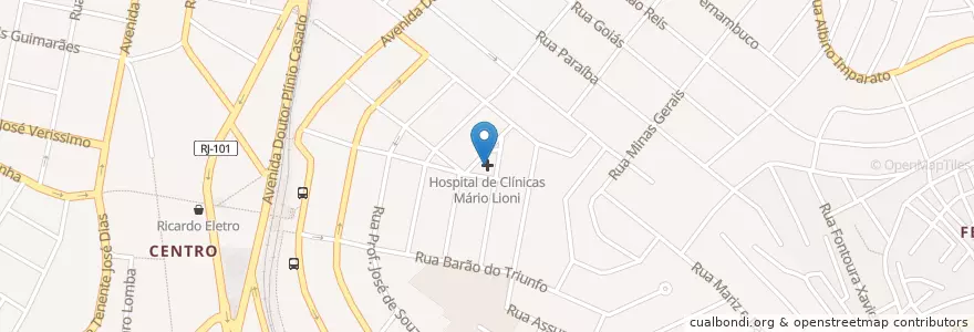 Mapa de ubicacion de Hospital de Clínicas Mário Lioni en ブラジル, 南東部地域, リオ デ ジャネイロ, Região Metropolitana Do Rio De Janeiro, Região Geográfica Imediata Do Rio De Janeiro, Região Geográfica Intermediária Do Rio De Janeiro, デューク・デ・カシアス.