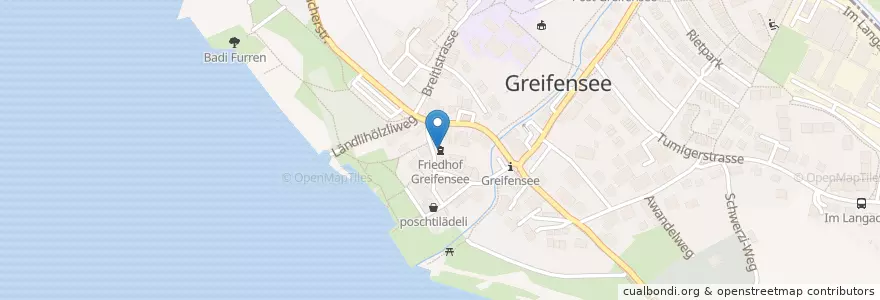 Mapa de ubicacion de Friedhof Greifensee en Zwitserland, Zürich, Bezirk Uster, Greifensee.