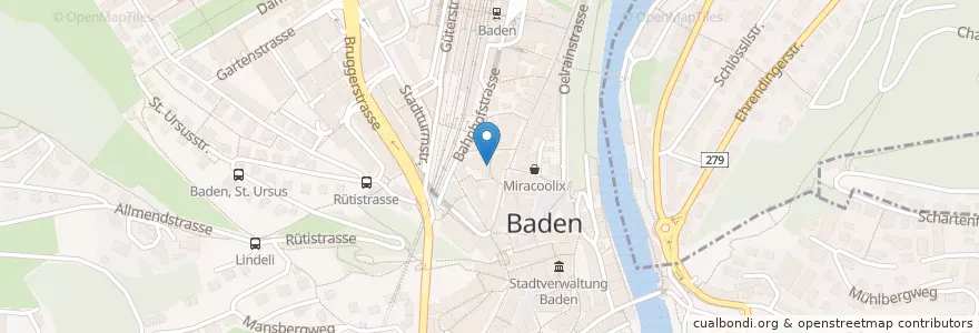 Mapa de ubicacion de Hirschli Bar Restaurant en Suisse, Argovie, Bezirk Baden, Baden.