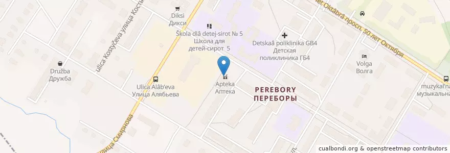Mapa de ubicacion de Аптека en Russland, Föderationskreis Zentralrussland, Oblast Jaroslawl, Рыбинский Район, Городской Округ Рыбинск.