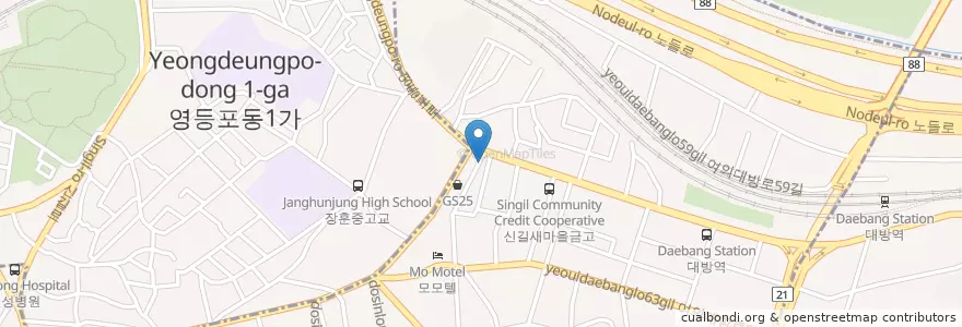 Mapa de ubicacion de 김밥천국 en Coreia Do Sul, Seul, 영등포구, 신길1동.
