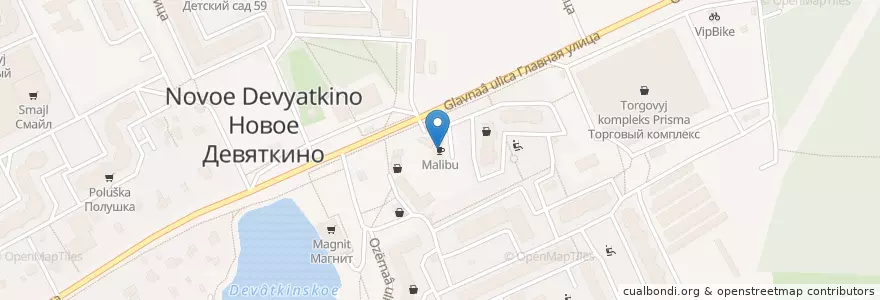 Mapa de ubicacion de Malibu en ロシア, 北西連邦管区, レニングラード州, Всеволожский Район, Новодевяткинское Сельское Поселение.