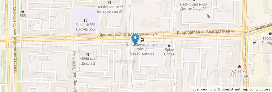 Mapa de ubicacion de Буфетъ на Благодатной en Russie, District Fédéral Du Nord-Ouest, Oblast De Léningrad, Saint-Pétersbourg, Московский Район, Округ Московская Застава.