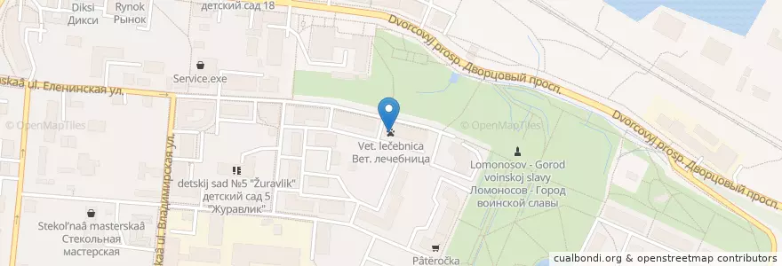 Mapa de ubicacion de Вет. лечебница en Russland, Föderationskreis Nordwest, Oblast Leningrad, Sankt Petersburg, Rajon Petrodworez, Lomonossow.
