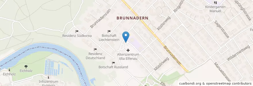 Mapa de ubicacion de Briefeinwurf Bern, Pflegzentrum Elfenau en Suiza, Berna, Verwaltungsregion Bern-Mittelland, Verwaltungskreis Bern-Mittelland, Bern.