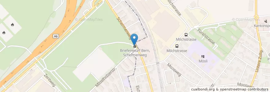 Mapa de ubicacion de Briefeinwurf Bern, Schermenweg en Schweiz/Suisse/Svizzera/Svizra, Bern/Berne, Verwaltungsregion Bern-Mittelland, Verwaltungskreis Bern-Mittelland, Bern.