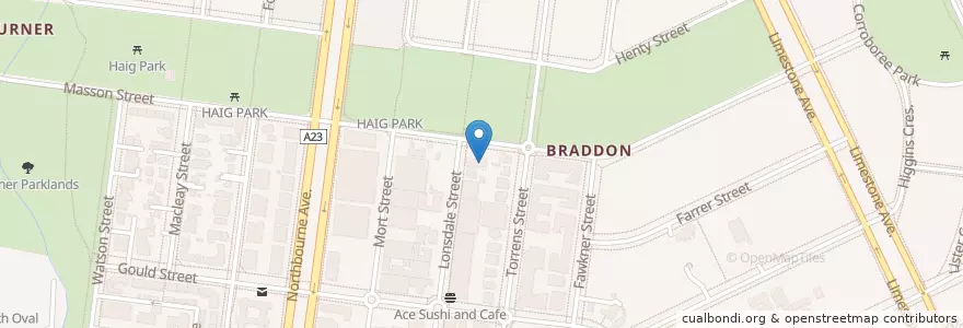 Mapa de ubicacion de Caltex Star Mart Braddon en أستراليا, نيوساوث ويلز, مقاطعة العاصمة الأسترالية, District Of Canberra Central.
