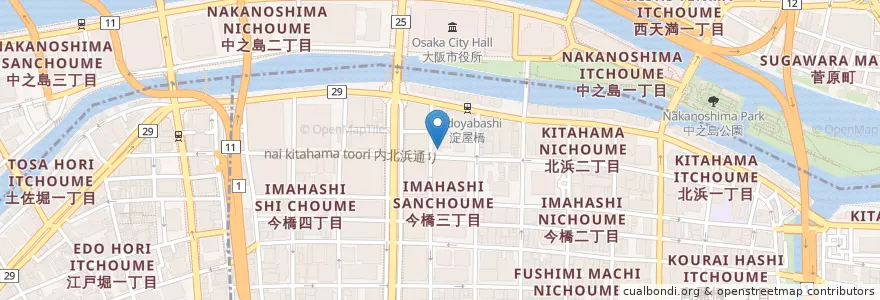 Mapa de ubicacion de 淀屋橋じゅうじゅう en Japan, 大阪府, Osaka, 中央区, 北区.