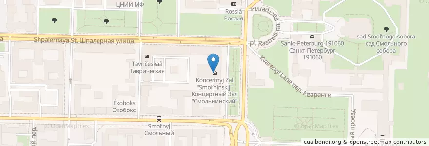 Mapa de ubicacion de Концертный Зал "Смольнинский" en Russland, Föderationskreis Nordwest, Oblast Leningrad, Sankt Petersburg, Центральный Район, Округ Смольнинское.
