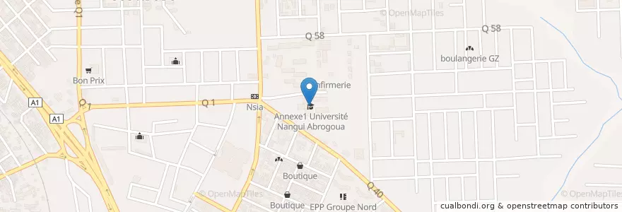 Mapa de ubicacion de Annexe1 Université Nangui Abrogoua en Ivoorkust, Abidjan, Abobo.