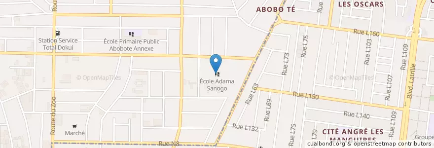Mapa de ubicacion de École Adama Sanogo en Côte D'Ivoire, Abidjan, Cocody, Abobo.