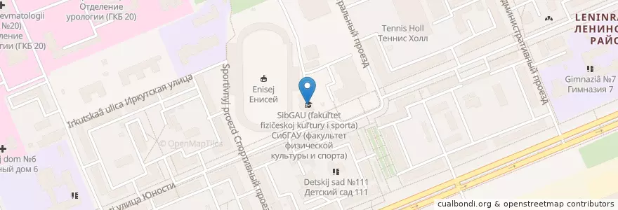 Mapa de ubicacion de СибГАУ (факультет физической культуры и спорта) en Russia, Siberian Federal District, Krasnoyarsk Krai, Krasnoyarsk Urban Okrug.