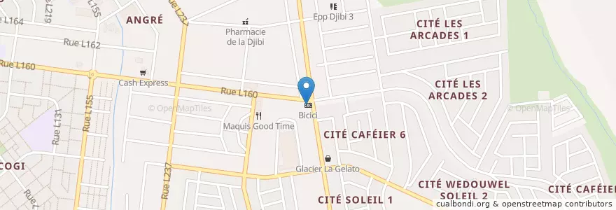 Mapa de ubicacion de Bicici en Ivoorkust, Abidjan, Cocody.