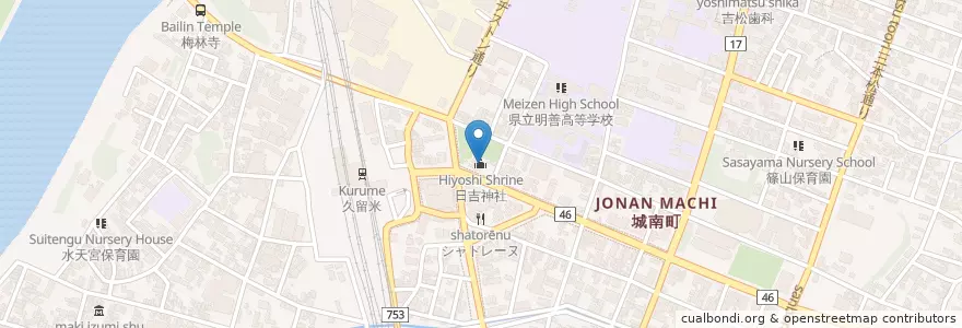 Mapa de ubicacion de 日吉神社 en Japão, 福岡県, 久留米市.
