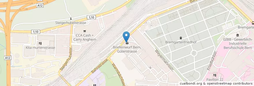 Mapa de ubicacion de Briefeinwurf Bern, Güterstrasse en Швейцария, Берн, Verwaltungsregion Bern-Mittelland, Verwaltungskreis Bern-Mittelland, Bern.
