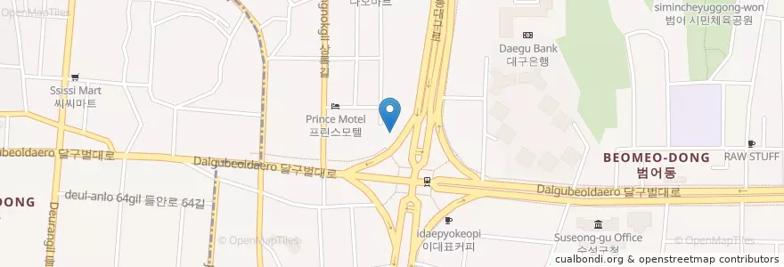 Mapa de ubicacion de 번햄즈 버거 (Burnham's Burgers) en كوريا الجنوبية, ديغو, 수성구, 범어동.
