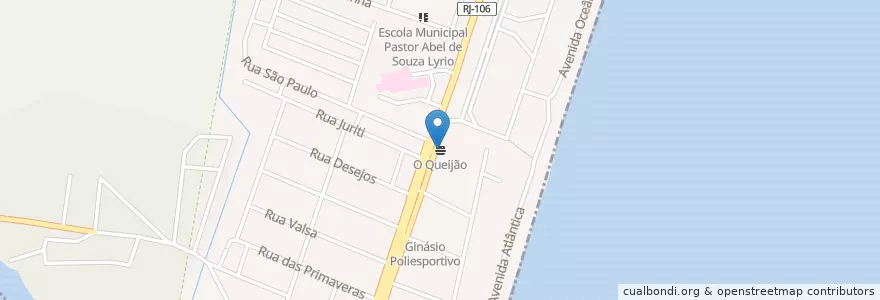 Mapa de ubicacion de O Queijão en 브라질, 남동지방, 리우데자네이루, Região Geográfica Intermediária De Macaé-Rio Das Ostras-Cabo Frio, Região Geográfica Imediata De Macaé-Rio Das Ostras, Casimiro De Abreu.