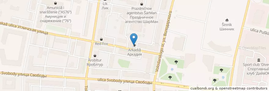 Mapa de ubicacion de Аркадия en Rusia, Distrito Federal Central, Óblast De Yaroslavl, Ярославский Район, Городской Округ Ярославль.