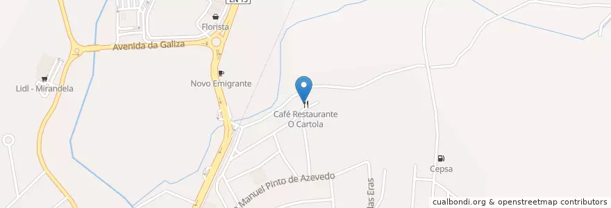 Mapa de ubicacion de Café Restaurante O Cartola en Portugal, Norte, Bragança, Terras De Trás-Os-Montes, Mirandela, Mirandela.