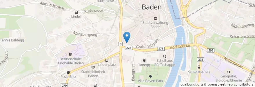 Mapa de ubicacion de Baden 2 en İsviçre, Aargau, Bezirk Baden, Baden.