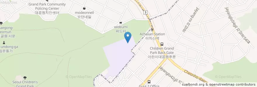 Mapa de ubicacion de 유니버설아트센터 en 大韓民国, ソウル, 広津区, 능동.
