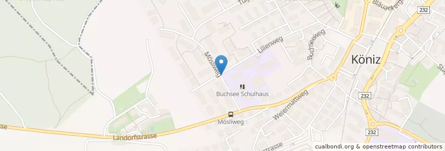Mapa de ubicacion de Briefeinwurf Köniz, Mösliweg en Schweiz/Suisse/Svizzera/Svizra, Bern/Berne, Verwaltungsregion Bern-Mittelland, Verwaltungskreis Bern-Mittelland, Köniz.