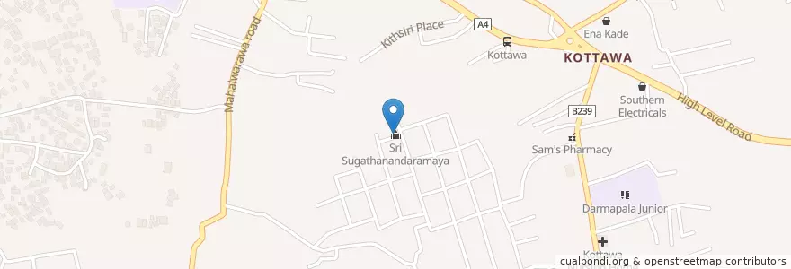 Mapa de ubicacion de Sri Sugathanandaramaya en Sri Lanka, බස්නාහිර පළාත, කොළඹ දිස්ත්‍රික්කය.