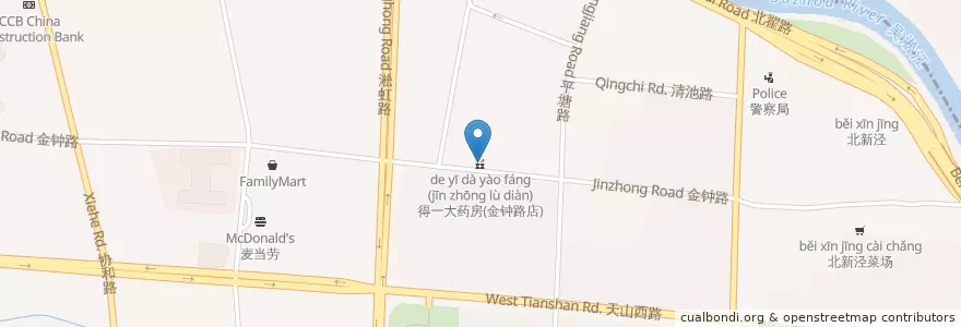 Mapa de ubicacion de 得一大药房(金钟路店) en 중국, 상하이, 창닝구.