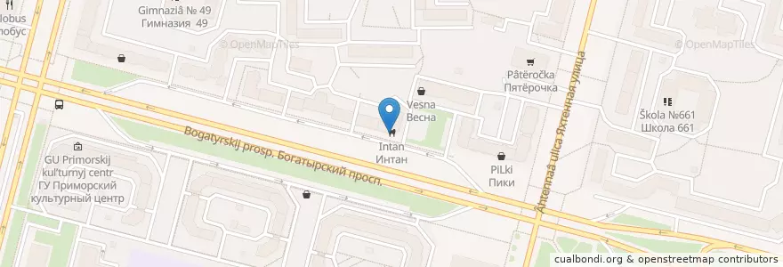 Mapa de ubicacion de Интан en Russland, Föderationskreis Nordwest, Oblast Leningrad, Sankt Petersburg, Приморский Район, Округ № 65.