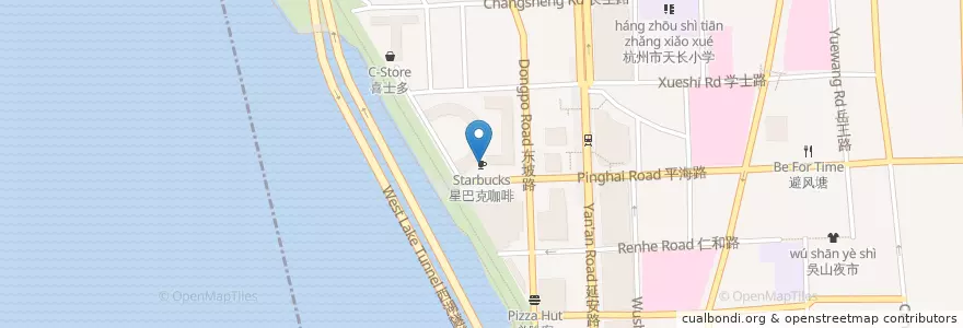 Mapa de ubicacion de Starbucks en 中国, 浙江省, 杭州市, 上城区, 湖滨街道.