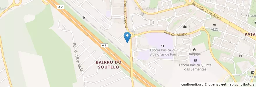 Mapa de ubicacion de Elefante Azul en البرتغال, Área Metropolitana De Lisboa, شطوبر, شبه جزيرة شطوبر, Seixal, Amora.