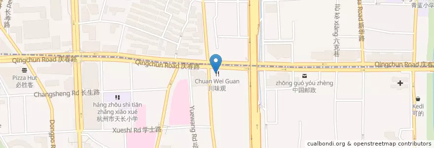 Mapa de ubicacion de 川味观 en 中国, 浙江省, 杭州市, 上城区, 湖滨街道.