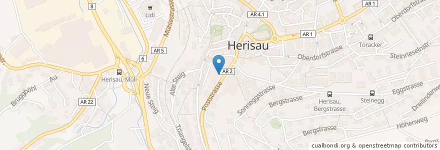 Mapa de ubicacion de Herisau 2 en 스위스, Appenzell Ausserrhoden, Sankt Gallen, Hinterland, Herisau.