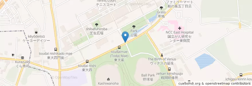 Mapa de ubicacion de 東大柏 en 日本, 千葉県, 柏市.