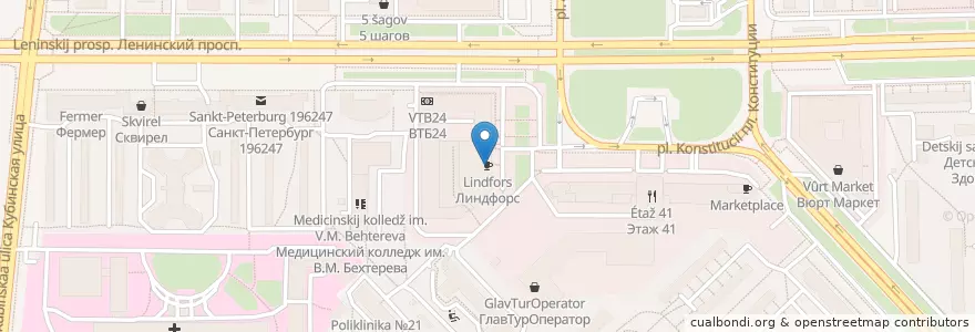 Mapa de ubicacion de Lindfors en Russia, Northwestern Federal District, Leningrad Oblast, Saint Petersburg, Московский Район, Округ Новоизмайловское.