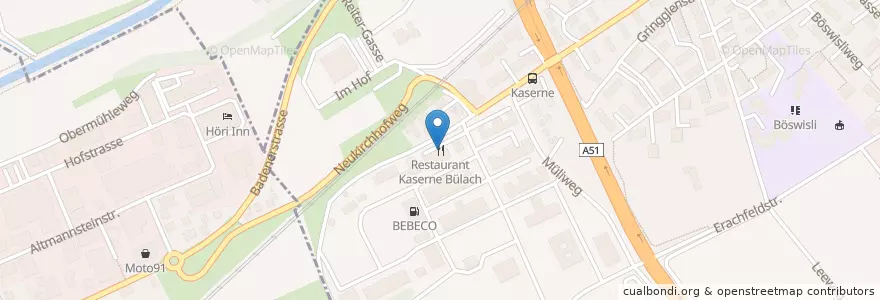 Mapa de ubicacion de Restaurant Kaserne Bülach en Switzerland, Zurich, Bezirk Bülach, Bülach.