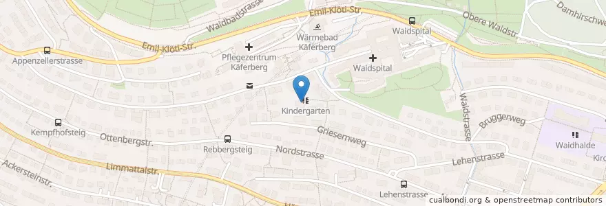 Mapa de ubicacion de Kindergarten Waidfussweg I + II en Schweiz/Suisse/Svizzera/Svizra, Zürich, Bezirk Zürich, Zürich.