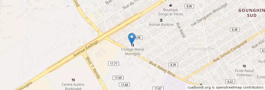 Mapa de ubicacion de Collège Wend Manegda en ブルキナファソ, Centre, Kadiogo, ワガドゥグー.